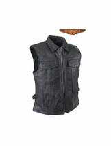 Men&#39;s Motorcycle Club Leather Vest Fold Collar Hidden Snaps Biker Vest - £95.12 GBP+