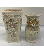 Pair of Vintage K&#39;s Collection Cream Pastel Flowered Vase 6.5 inch - $16.79