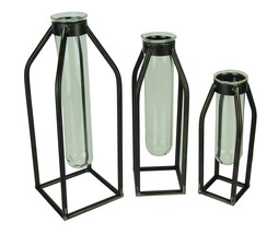 Scratch &amp; Dent Modern Art Glass Tube Bud Vase with Metal Cage Frame Set of 3 - £23.60 GBP