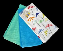 3 Fiesta Blue Green Coordinating Striped Umbrellas Textured Kitchen Towels NWT - £19.97 GBP