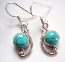 Small Simulated Turquoise Round 925 Sterling Silver Dangle Earrings - $11.69