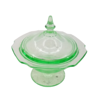 Vintage Green Uranium Vaseline Glass Footed Candy Dish With Lid Depression - £63.54 GBP