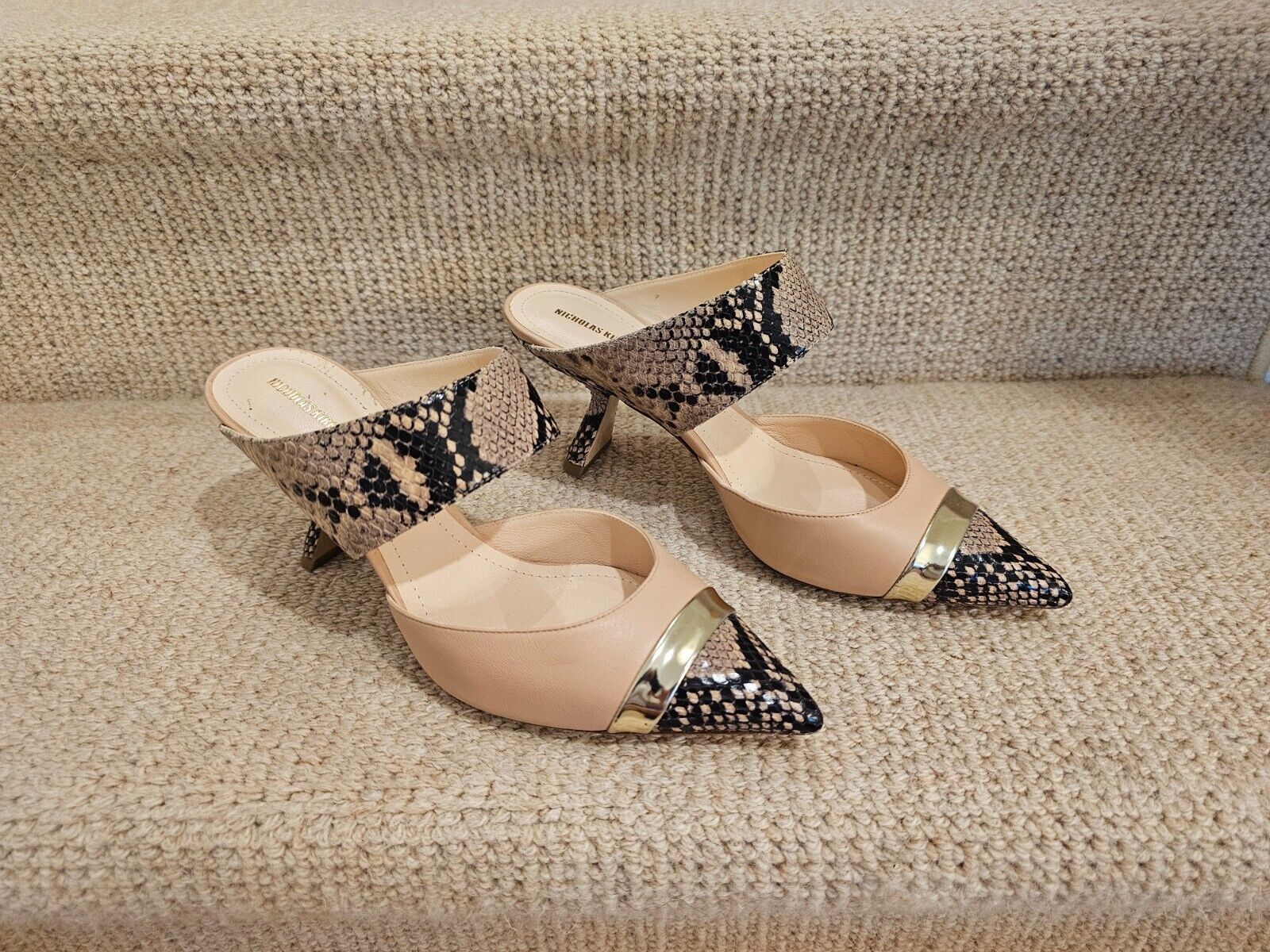 NICHOLAS KIRKWOOD Lexi Mules 70mm In Tan Leather with Snake Effect Capto... - $183.99