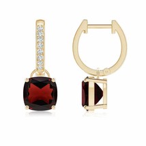 Garnet Cushion Drop, Hoops Earrings with Diamond in 14K Gold (Grade-AA , 7MM) - £675.53 GBP