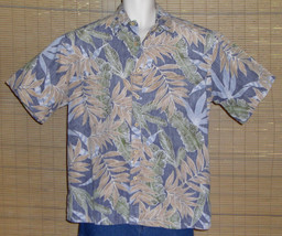 COOKE STREET Hawaiian Shirt Reverse Pattern Green Blue Beige Tan Leaves Sz Large - £18.76 GBP