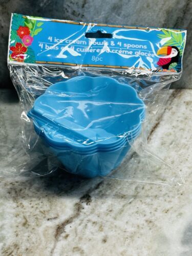 Primary image for Tiki Beach Bash Luau 8 PC SET 4 ICE CREAM BOWLS 4 SPOONS Blue PLASTIC 2001