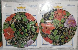 2 Vintage ROYAL LACE DOILIES 8 inch Floral Christmas Holly Print ~ New in pkg - £6.50 GBP