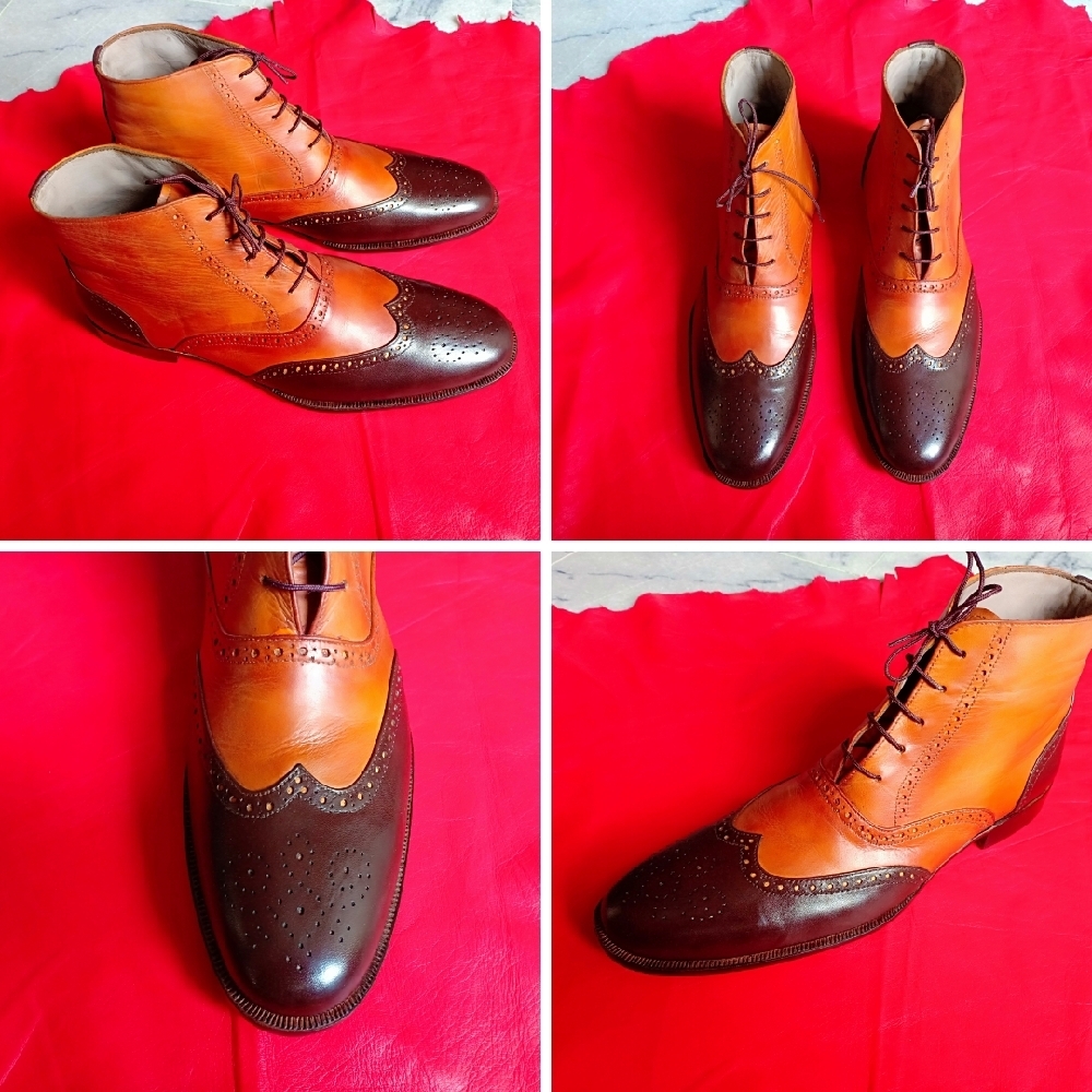 High Ankle Two Tone Tan Brown Brogue Toe Wing Tip Vintage Leather Laceup Boots