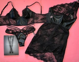 Victoria&#39;s Secret 34B,34D Corset Bra Set+Dress Black Faux Leather Fishnet Lace - £189.48 GBP