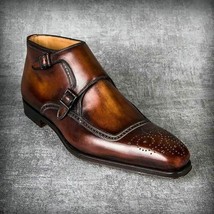 Men&#39;s Handmade Patina Leather Boots, Genuine Leather Double Monk Dress B... - £187.65 GBP