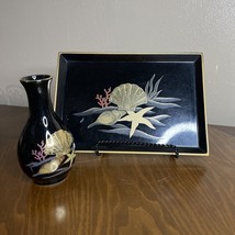 Vintage Otagiri Japan Seashell Starfish Coral Tray Black Lacquer &amp; 4’’ Bud Vase - £11.56 GBP