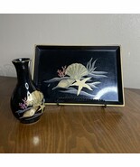Vintage Otagiri Japan Seashell Starfish Coral Tray Black Lacquer &amp; 4’’ B... - $14.95