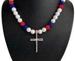 Rhinestone Crystal Bead Necklace Red Blue Pearl + Baseball Bat Cross Pen... - $18.80+