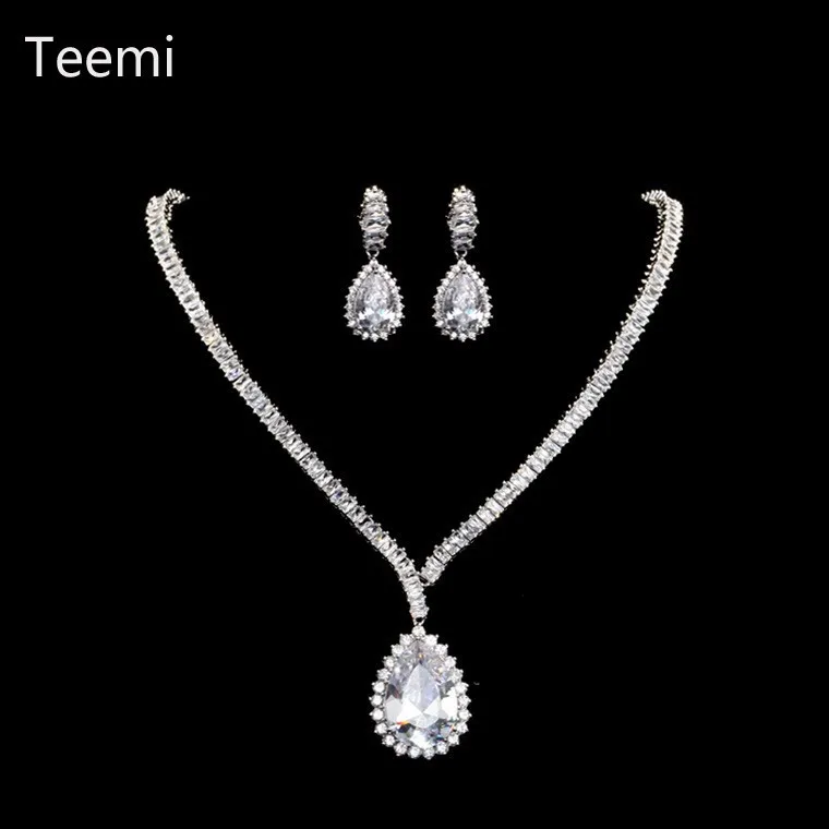 Luxury Big Waterdrop Full Cubic Zirconia Necklace Earrings Set for Women Super H - $93.53