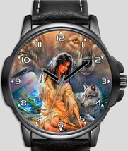 Native Red Indian Tribe Girl With Wolves Art Stylish Rare Quality Wrist Watch - £43.43 GBP