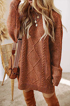 Coffee Cable Knit Drop Shoulder Loose Fit Sweater Dress - £38.49 GBP