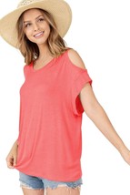 Cold Shoulder Rolled Short Sleeve Round Neck Top With Side Slits Coral M... - £19.55 GBP