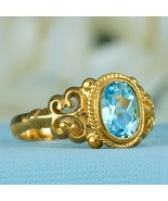 Natural Blue Topaz Vintage Style Ring in Solid 9K Yellow Gold - £432.49 GBP