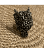 Pewter Tone Black Jewel Embellish Owl Stretch Ring One Size Boho Kitschy... - £11.02 GBP