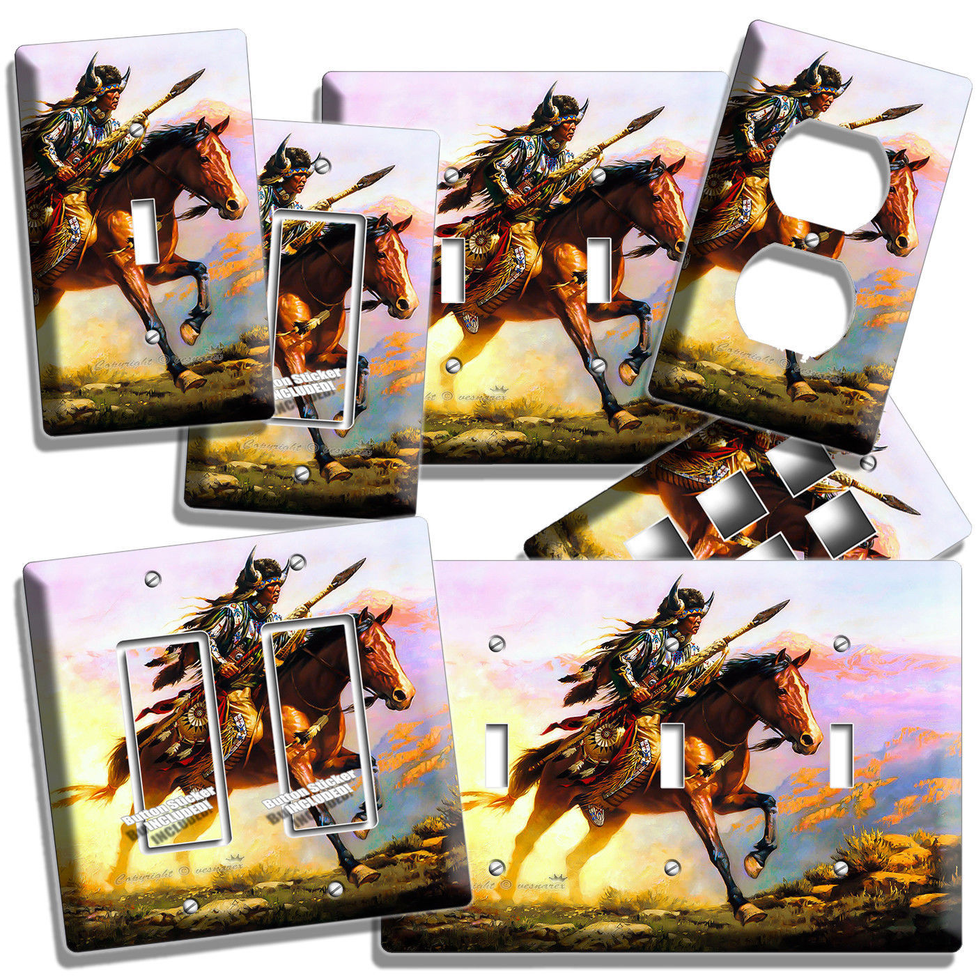 NATIVE AMERICAN INDIAN CHIEF WARRIOR ON A HORSE LIGHT SWITCH OUTLET PLATES DECOR