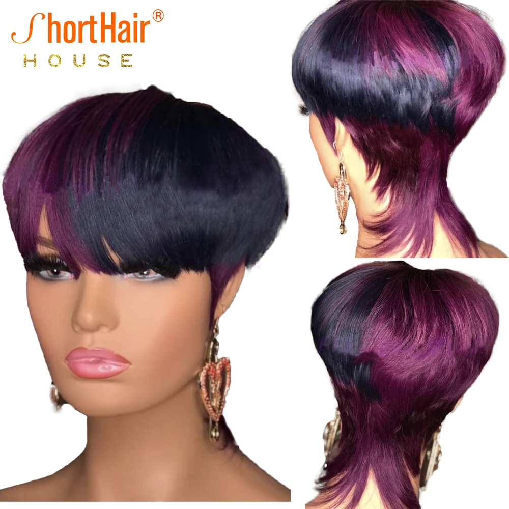 Ombre Highlight Rose Purple Color Human Hair Wigs With Bangs Pixie Short Cut B - £39.57 GBP+