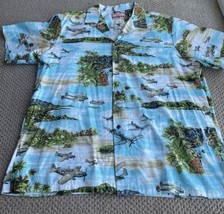 Vintage RJC Hawaiian Shirt Mens 2XL Palm Trees Military Planes Beach Camp USA - £13.25 GBP