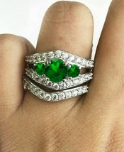 14K Gold Plated 2.53 Ct Green Emerald &amp; Diamond Engagement Wedding Ring Set - £134.08 GBP