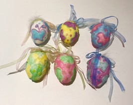 Easter Eggs With Ribbon &amp; Feathers Homemade Lot of 6 Beautiful Colors - £15.68 GBP