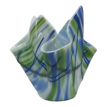 FUSED ART GLASS HANDKERCHIEF BLUE GREEN WHITE ABSTRACT VASE BOWL VINTAGE - $28.05