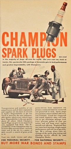 1943 CHAMPION SPARK PLUGS-Military Jeep-Solider-Buy More Bonds-VTG Print... - $11.77
