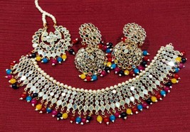 Mirror Jaipuri Multi Color Gold Plated Necklace Jhumka Earrings Tika Jewelry Set - $36.62