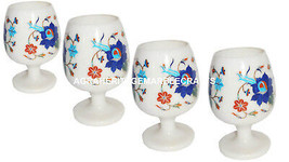 Marble 4 Pcs Wine Glass Real Inlay Stone Marquetry Table Deco Casino Gla... - $333.59