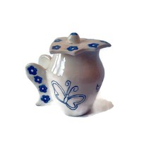 Decorative Blue Pitcher With Lid Handmade Pottery Butterfly Ceramic Jug Vase - £113.41 GBP