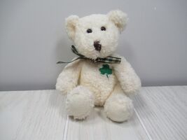 Russ Berrie Plush cream teddy bear green shamrock  plaid bow small Murphy - $5.19