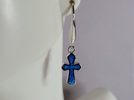 Womens Estate Sterling Silver Blue Opal Religious Cross Earrings 4.1g E785 - £34.95 GBP