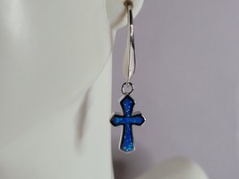 Womens Estate Sterling Silver Blue Opal Religious Cross Earrings 4.1g E785 - £33.47 GBP