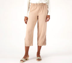 Susan Graver Pure Linen Blend Crop Pants with Lace Inset - Warm Taupe, XL - £22.90 GBP