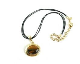 Chico&#39;s Faux Tiger Eye Pendant Gold Tone Black Corded Necklace - £12.35 GBP