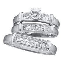 Sterling Silver His Hers Round Diamond Solitaire Trio Matching Wedding R... - $2,036.33 MXN