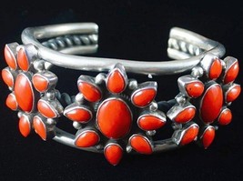 Vtg Old Pawn Sterling Silver Red Coral Cluster Bracelet Womens Cuff s6.25 c1950s - £1,031.04 GBP