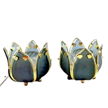 Lotus Flower Brass and Smoky Glass Metal Candle Holder Set of Two - $32.67