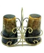 VIntage Midcentury Drip Glaze Pepper Shakers in Brass Caddy - $14.80