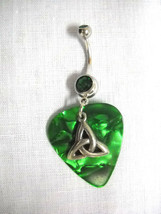 Deep Green Guitar Pick W Celtic Tri Knot Charm On Dark Green Cz Belly Ring Bar - £4.77 GBP