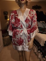 Victoria&#39;s Secret Womens One Size Robe Vintage Gold Label Red Roses White Satin - £21.90 GBP