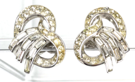 Vintage Signed Trifari Crown Earrings Clip  Rhinestone Silver Tone 1940&#39;... - $28.00