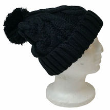 Pom Pom Knit Beanie Braided Color Plain Ski Cap Skull Hat Winter Warm Cuff Black - £17.58 GBP
