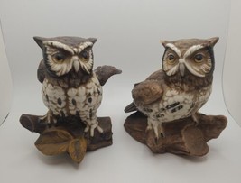 Vintage HOMCO Home Decor Pair of Porcelain Owl Figurine Brown &amp; White - £18.35 GBP