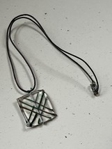 Dark Brown Thin Cord w Clear Square Striped Art Glass Pendant Necklace – - £8.99 GBP