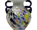 Vintage Splattered Blown Art Glass Vase Large Double Purple Handles Abst... - $58.10