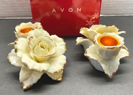 Avon Winter Rose Candle Holder Set Ivory Gold 2005 Christmas Holiday Dec... - £14.32 GBP